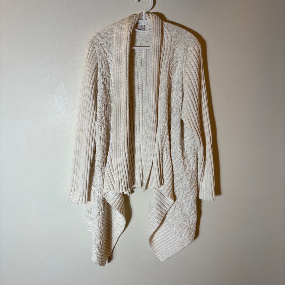 Chicos Cream Cable Knit Waterfall Cardigan Sweater Size 3 (XL)